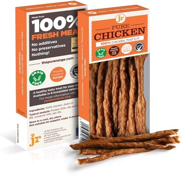 JR Pet Products Pure Chicken Sticks 50g – Natural high-protein grain-free dog treats for training and rewards.