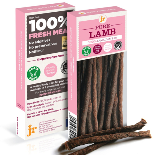 JR Pet Products Pure Lamb Sticks 50g – Natural high-protein grain-free dog treats for training and rewards.
