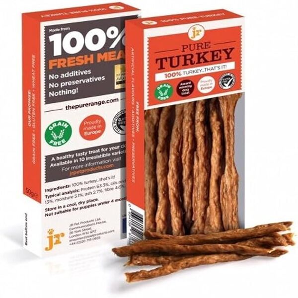 JR Pet Products Pure Turkey Sticks 50g – Natural high-protein grain-free dog treats for training and rewards.