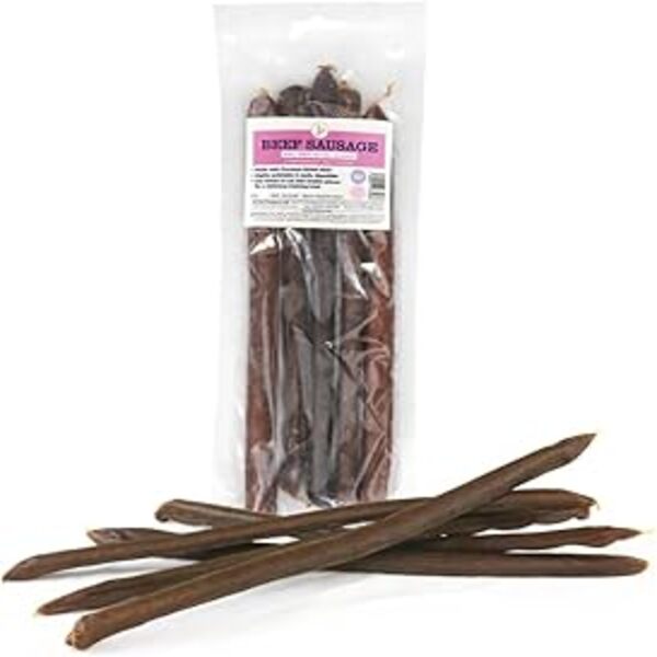 JR Pet Products British Premium Beef Sausage 250g – natural, grain-free, high-protein dog treat made from 100% British beef.