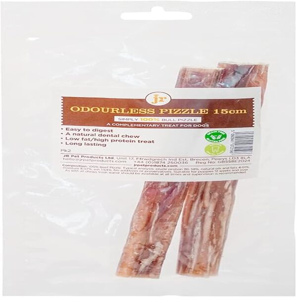 JR Pet Products Odourless 15cm Pizzle Pk2 – natural, odourless beef pizzle dog treats for dental health and long-lasting chewing