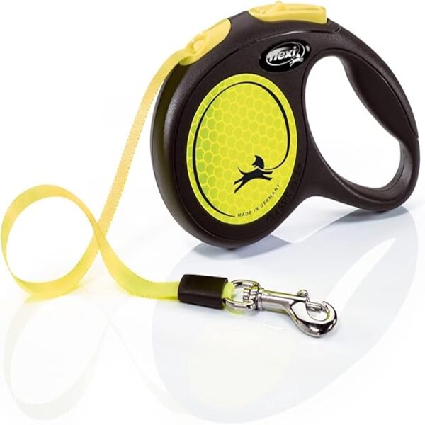 Flexi New Neon Retractable Tape Leash 5m Yellow Small, Medium and Large for dogs up to 50kg – bright neon color with ergonomic handle and reflective safety features