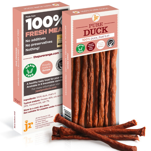 JR Pet Products Pure Duck Sticks 50g – Natural high-protein grain-free dog treats for training and rewards.