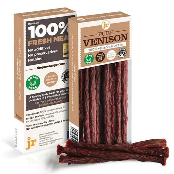 JR Pet Products Pure Venison Sticks 50g – Natural high-protein grain-free dog treats for training and rewards.