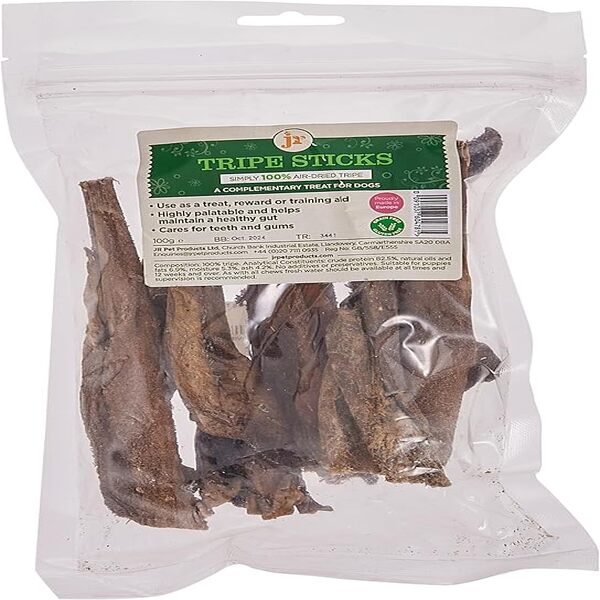 JR Pet Products Dried Tripe Packed 100g – natural, grain-free, high-protein dog treats made from 100% beef tripe.