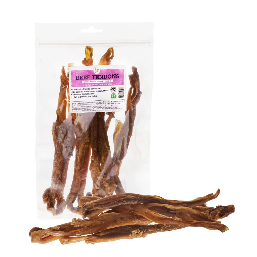 JR Pet Products Beef Tendons 250g natural high-protein dog treats for dental health and joint support