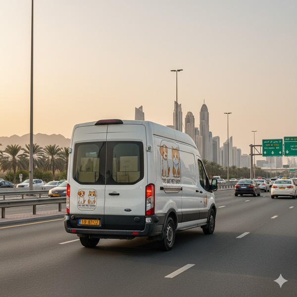 UAE Pet Shop delivery car providing 1-hour express pet supply delivery in Dubai and Abu Dhabi