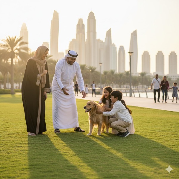 Happy pet owner in Dubai playing with dog purchased from The UAE Pet Shop